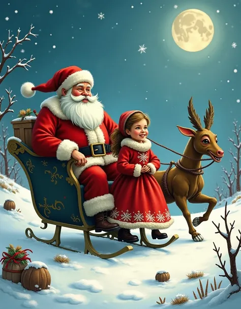 Santa Claus in a sleigh with a girl dressed in a snowflake, The Snow Maiden in the foreground looks at Santa Claus, baba yaga runs after the sleigh, enkei in the foreground, goblin runs after Baba Yaga, water runs after the goblin, snake garynych runs for ...