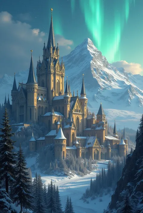 Big city medieval white and gold mystical city surrounded by walls, gothic style, beautiful sky, capital, The northern lights,  next to a mountain 