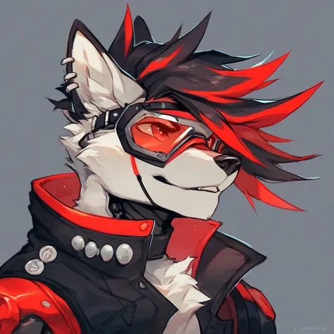 Head Shot, Cyperpunk, score_9, score_8_up, score_8, Male, Robotic body, black metal, furry, fox, black visor, black jacket, black hair, red neon tail