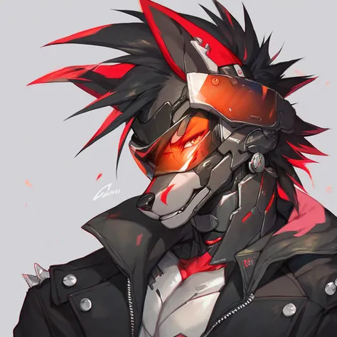 Head Shot, Cyperpunk, score_9, score_8_up, score_8, Male, Robotic body, black metal, furry, fox, black visor, black jacket, black hair, red neon tail