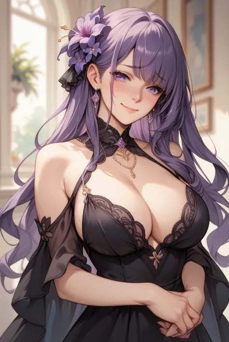 1 ,  Big breasts , long hair,  violet hair ,  hair flower ,  black dress, purple eyes,  embarrassed , gentle smile, 