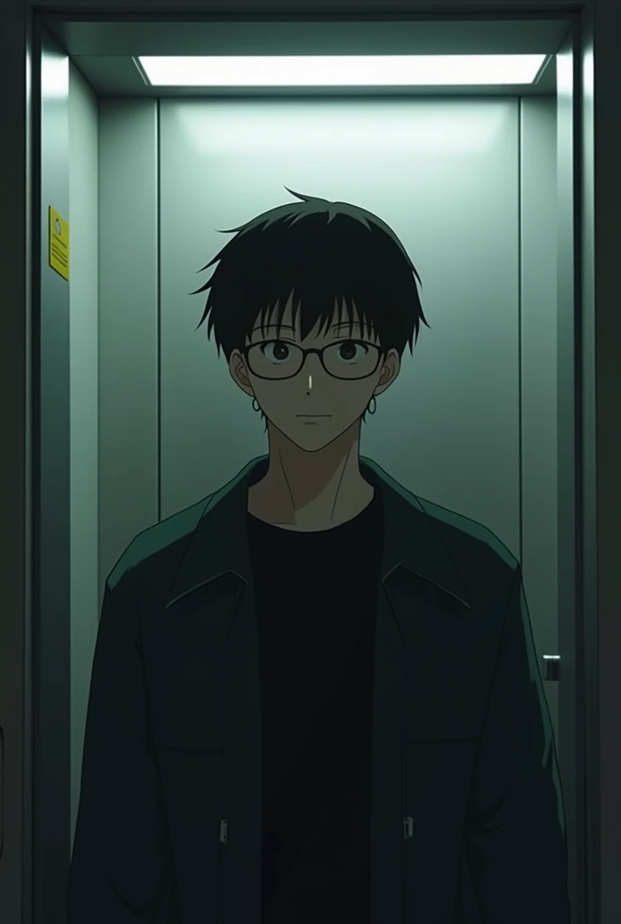 There is a man wearing glasses and a black jacket in the elevator, Written by Yasutomo Oka, Tumbler,  what is it ？, Yoshitomo Nara,  Akira Toriyama  📹,  short hair ,  Chiba Yudai, In Tokyo,  taken in the early 2020s 