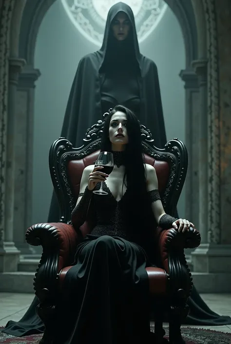 Amy lee from evanescence sitting in a throne holding a glass of wine. A woman with no face is behind her