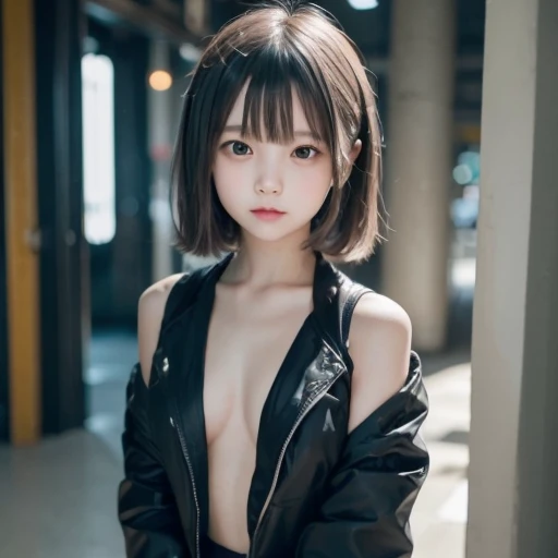 (((Beautiful girl small breasts))),Wearing a black jacket、Cyberpunk Red Green Background、(((Upper body naked))),smile,(((Small body))),(((Cute little sister))),１０age、Young、Elementary school girl、Round face,Big eyes, Round eyes、No makeup、Sweaty