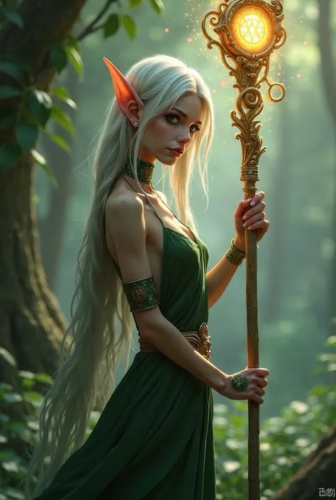 Create an image of an elf seed with a staff with glowing runes and a rune mark on her right hand that has a charm 