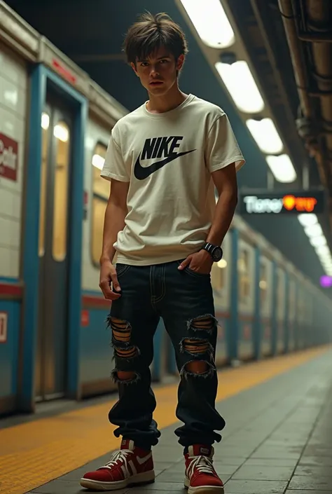 The character Aladdin from Disney wearing his black ripped jeans under his knees, his boxers showing and nike shirt, inside a subway station 