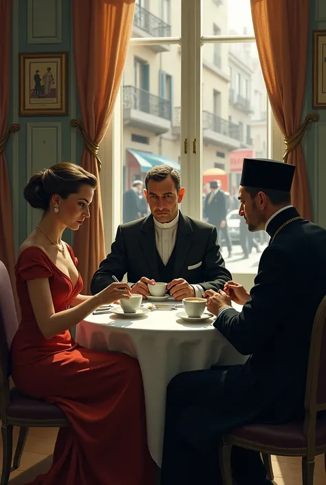 A marquise, a mayor and a priest at a table drinking coffee in Madrid during the dictatorship in 1939.