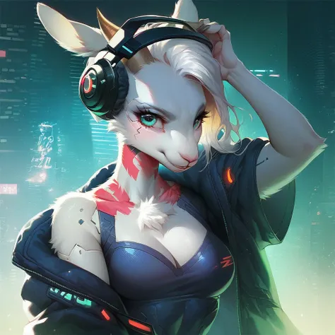 Head Shot, Cyberpunk, cyberpunk city, ((score_9, score_8, score_7)), (highly detailed), detailed background, anthro, beautiful eyes, unique pose, ((Expressiveh)), female, goat, cyberpunk clothes, unique colors, headphones,