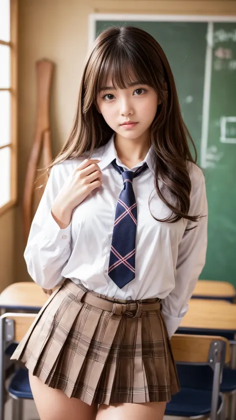 creative girl in school classroom ,(well-proportion:1.3), sexy latino ,(cowboy shot),(focus on your thighs),Im wearing a Japanese uniform with a plaid ultra-short pleated miniskirt,cardigan,blouse,tie,long light brown  hair, asymmetrical bangs ,  beautiful...