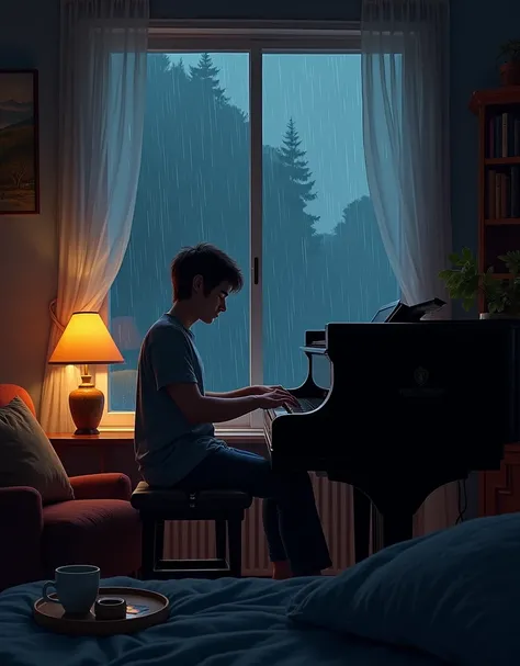 A pianist inside your room at night in front of a raining window 