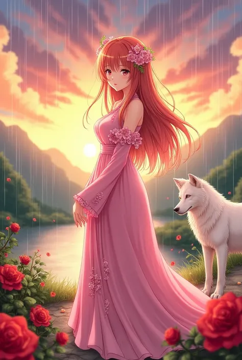 Animé Orihime de Bleach dressed in pink and flowers in her hair 
In the river and hills and red roses and a white wolf and a beautiful sky sunset and lots of rain 