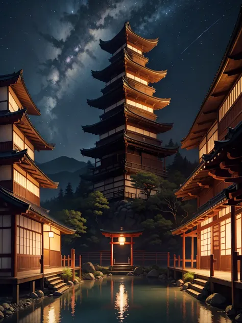 Colour full artwork, Japanese village, night sky, a Tall Shrine close to the river