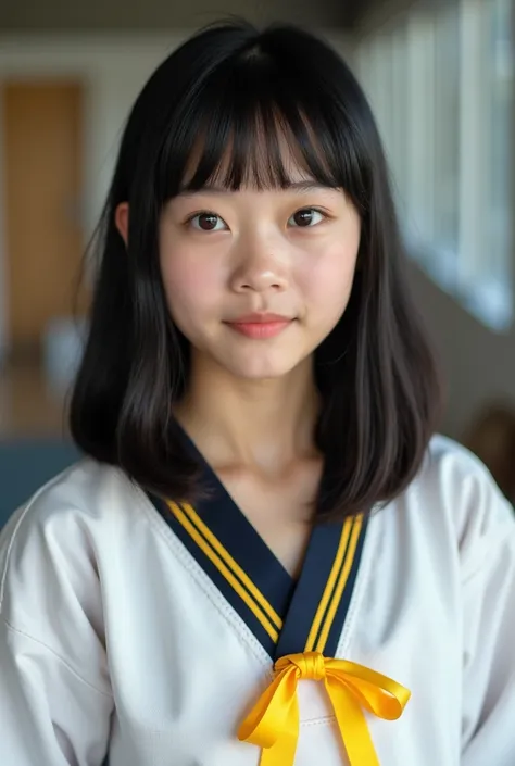 Create an image of a girl with straight hair ,  shoulder-length hair ,  black hair,  black eyes,  white skin , Put on a taekwondo suit with yellow ribbon and in the background put on a taekwondo school realistic image style 