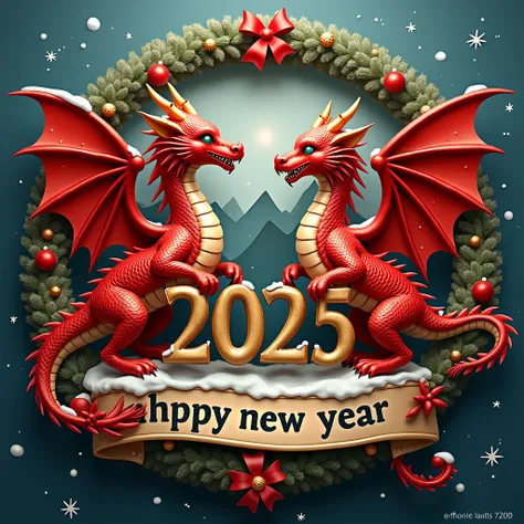  New Years emblem three beautiful реальная анатомия  red dragon маленькие бейби  cubs with wings,  фейерверки Ukraine Christmas tree decorated New Year . Garland.   background. mountains of snow . snowflakes. garland.  The inscription in the center of the ...