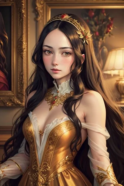 detailed portrait of Venus, Botticelli style tempera painting, long black hair, Christmas themed, photorealistic, intricate details, dramatic chiaroscuro lighting, warm color palette, highly detailed facial features, elegant pose, ornate baroque frame