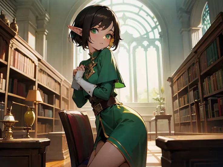 Elf Girl, body small,Short hair,Dark hair,Green eyes,clever,tidy,Sit on a chair,In the library,Front view,High resolution,Full Fingers