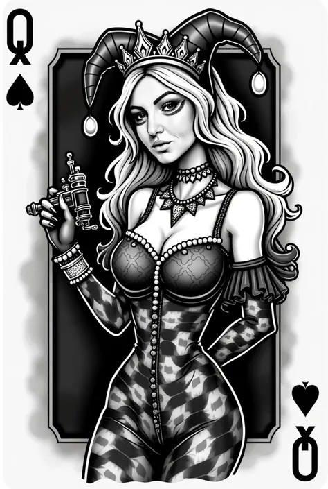 A playing card with the queen, blond im Harlekin style mit Krone. black-and-white, tattoo art, Vector, tattoos, She holds a tattoo machine in one hand, Poker, sie ist tattoo Artist 