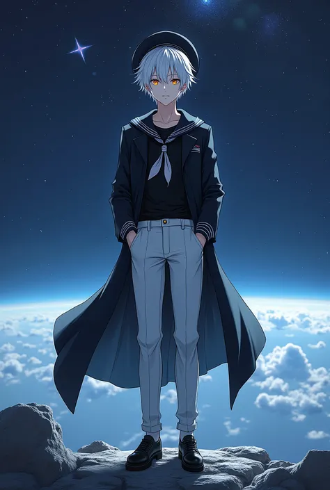 highly detailed, anime male character, wearing a black sailor hat, short white hair, yellow eyes, fair skin, smiling, black shirt, black coat, long white pants, black shoes, 1.80m tall, standing in outer space background, cool and confident expression, cin...