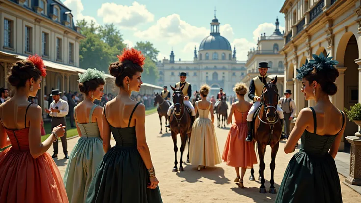 Color photo of a racing stable an aristocratic equestrian estate in Europe,in the 19th century. With horses, jockeys and ladies in colorful dresses Hats in the foreground.