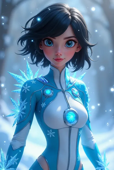 Pixar-style image of a brunette with short hair who has ice powers, who wears a cyan-white uniform with snowflake details, ice details, and that the brunette has black hair and she is 