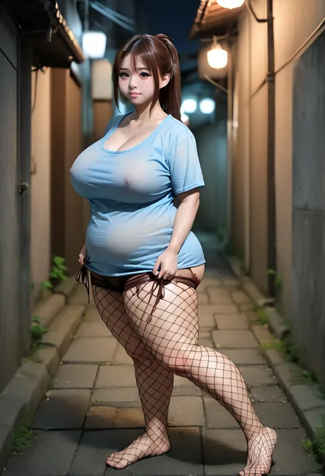  girl, (Japanese girl, 非常に太った girl, young, Extremely fatty breasts , Busty,  very short height , obesity,  s), ( show the whole body to the toes ) , (She stands with her legs spread very wide and crouched, Back alley at night), (90cm, 70kg), ( pretty girl,...