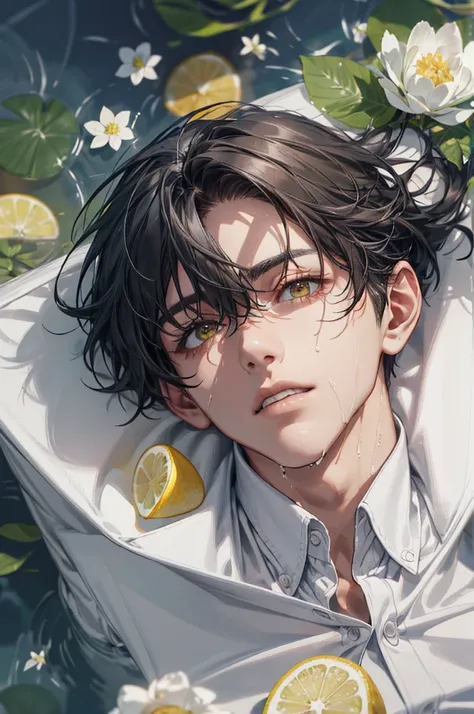 (absurdres, highres, ultra detailed), 1 male, handsome, tall muscular guy, mature, (The pond is filled with lemon slices and white flowers), A man lying on back comfortably in it, from directly above, (white shirt, jeans), wet, colorful, artistic, depth of...