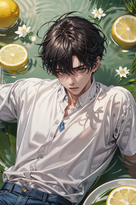 (absurdres, highres, ultra detailed), 1 male, handsome, tall muscular guy, mature, (The pond is filled with lemon slices and white flowers), A man lying on back comfortably in it, from directly above, (white shirt, jeans), wet, colorful, artistic, depth of...