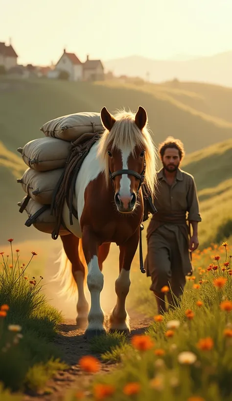 "A hyper-realistic, full-body image of a small, sturdy pony standing in the middle of a sunlit meadow surrounded by rolling green hills and blooming wildflowers. The pony’s coat is a mix of soft chestnut and white patches, its mane flowing gently in the br...