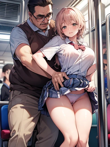 ((Men and women having sex on a crowded train)), (Doggish sex), a man who puts a penis in a girls vagina from behind, ((sex)), (standing sex from back), (A fat middle-aged man in a jersey hugging a girl with a sweaty shirt from behind), a sweaty girl, a ma...