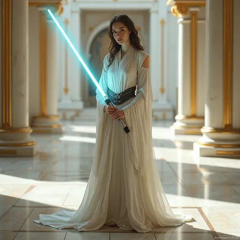  A young woman  (Similar to Barriss Offee ) ( realistic )  It holds a cyan-colored single-leaf lightsaber .  She stands in the middle of a shiny earthenware path . . Surrounding it are luxurious ceramic columns and white walls with gold and silver plating....