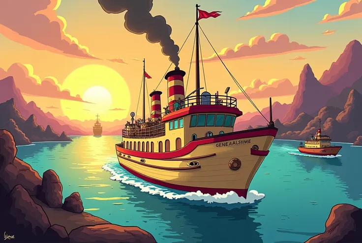  Colorful and cartoonish Gravity Falls style illustration . Generalissimo plane from the sea .  A medium-sized cream-colored ship with a red stripe on the top of the bow, approaches the port at dusk .