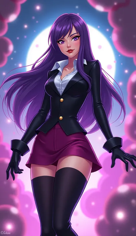 (Zatanna from DC Super Hero Girls 2019), (long purple hair), (straight purple hair), (sparkly purple hair), (magical purple hair) (Dark purple), (Zatanna is a beautiful teenage girl with fair skin and a distinctive hourglass figure), (thick light indigo ha...