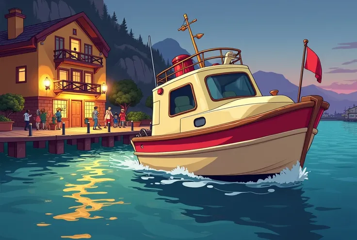  Colorful and cartoonish Gravity Falls style illustration . Generalissimo plane from the sea . A medium cream-colored boat with a red stripe on the top of the bow, approaches the port at dusk .