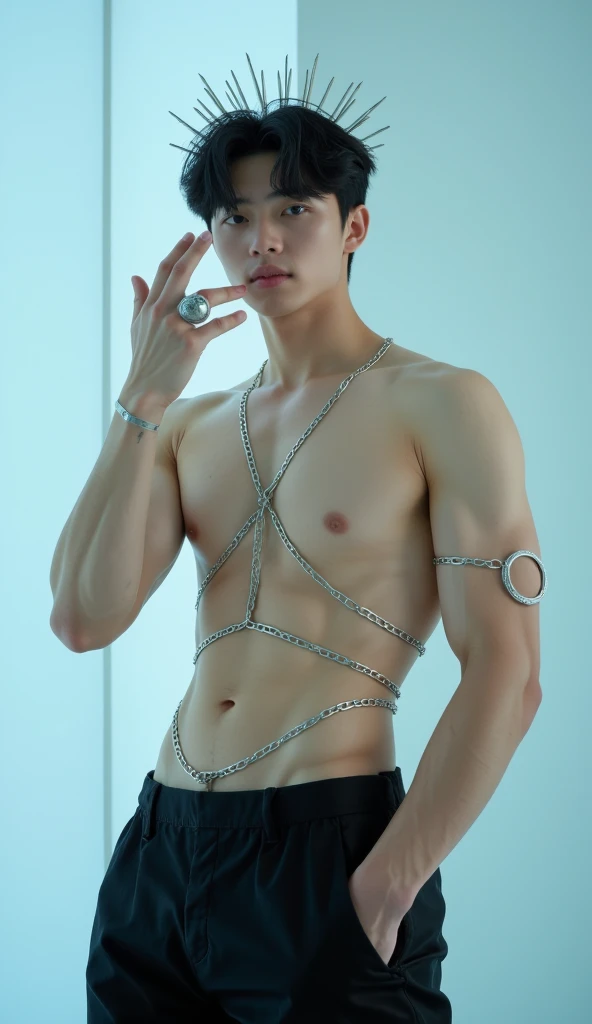 Full-length photo of a young Korean man, 20 years old, with fair skin and short black hair, muscular, inspired by the actor Lee Jun-ho,

. The model has delicate features, expressive eyes and an intense and seductive gaze directed at the camera. His hair i...