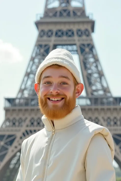 Draw a person with white skin and a blonde beard who has a small nose and medium eyes wearing a white costume in front of the Eiffel Tower and is smiling