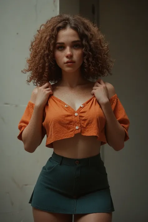 a woman between 18 and 22 years old,  fair skin , freckles,  curly red hair , with a short skirt attached to the body highlighting her curves,  with nothing on the top