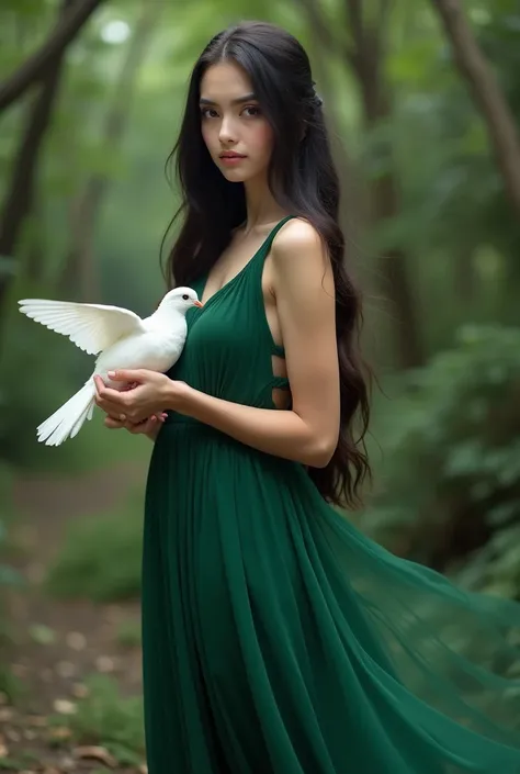 a full body photograph of a long black hair  woman standing facing the camera wearing green dress holding a white dove 