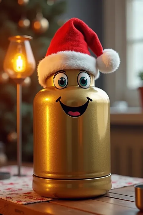 Smiling gold p13 gas bottle with Christmas hat 