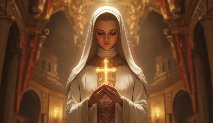 A kind young nun holds a golden cross with both hands. She has a white robe with red elements. She stands in the temple. golden lighting.