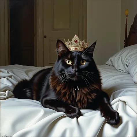 This XVIII century Baroque-oil painting captures a sleek, black cat lounging regally on a bed. The cat is adorned with a glittering, ornate crown, which stands out against its glossy fur. The crown features intricate designs and gem-like embellishments, gi...