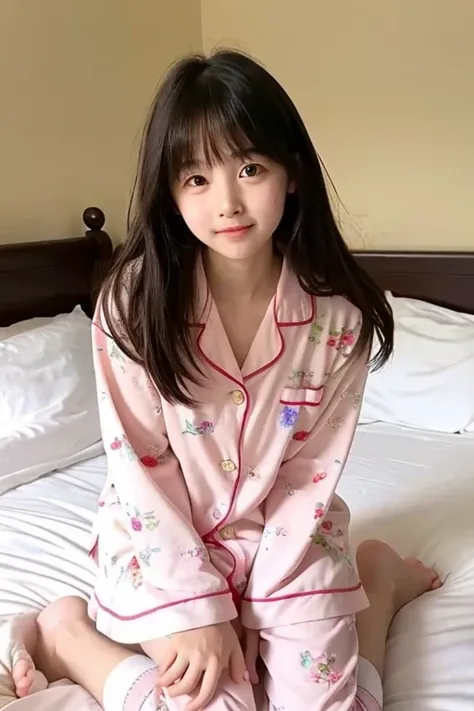 pure and naive middle school student 、 cute floral pajamas、 no makeup、 bed、Sunlight、