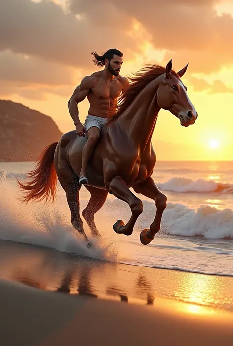 Centaur galloping along the edge of the sea at sunset 