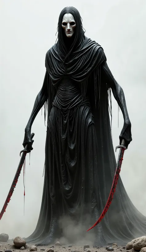 1 person, a tall man in a black robe holding two daggers, a red blade, blood dripping from the blades, long black arms, with long fingers, long legs, medium tousled black hair, a white mask on a black face, a mask of sadness, a sad mask, a man in full grow...