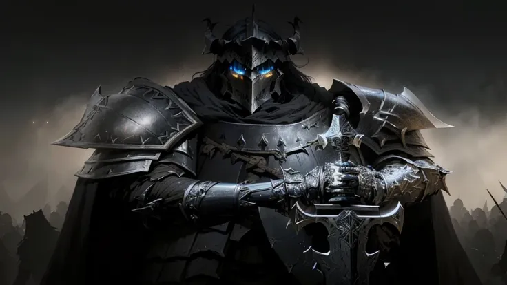 a drawing of a knight with a sword and armor, evil knight, undead knight, Character concept art for For Honor,  gothic knight , lord of the ashes, Berserker Skull Knight Black Armor , , ares with heavy armor and sword, arsen lupin as a paladin,  Knight of ...