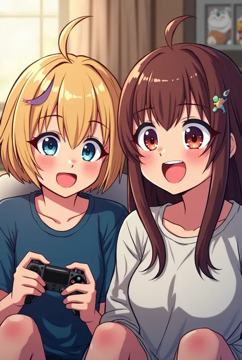 Manga-style drawing of 2 girls, one blonde and one brunette, with the PlayStation 4 controller playing formite