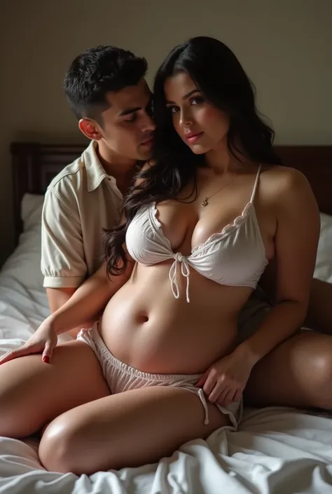 Big curvy latina big boobs big booty in pajamas sitting on guys lap on the bed