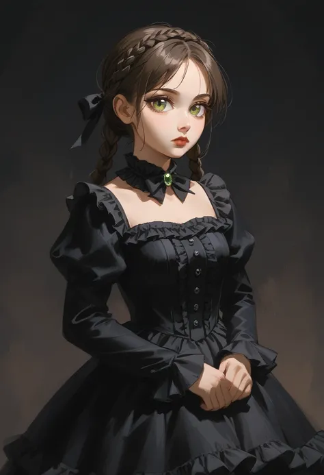 core_9, score_8_up, score_7_up,1girl,youngh, gypsies, dark brown dutch braid hair, emerald eyes, gothic frill dress, pervert face