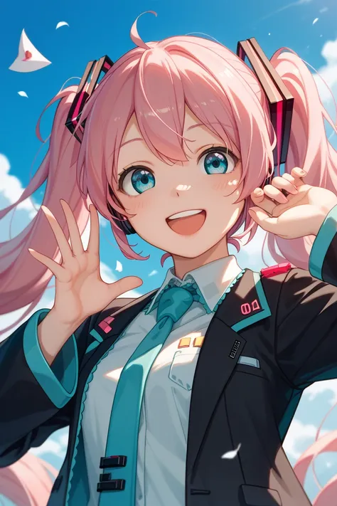  Hatsune Miku 、 cute、Purple Hair、 pink hair、smile、happy、 standing above the clouds、 singing、The letter on the shoulder is 39 、 top quality 、 no fix、wallpaper