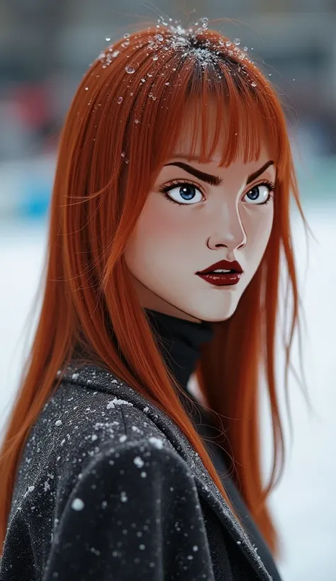  The model wears a 19-year-old woman with straight red hair she wears bangs too,  her eyes are gray and she has Asian features but not very marked ,  is white and with fine and delicate features ,  her expression is really intimidating but at the same time...