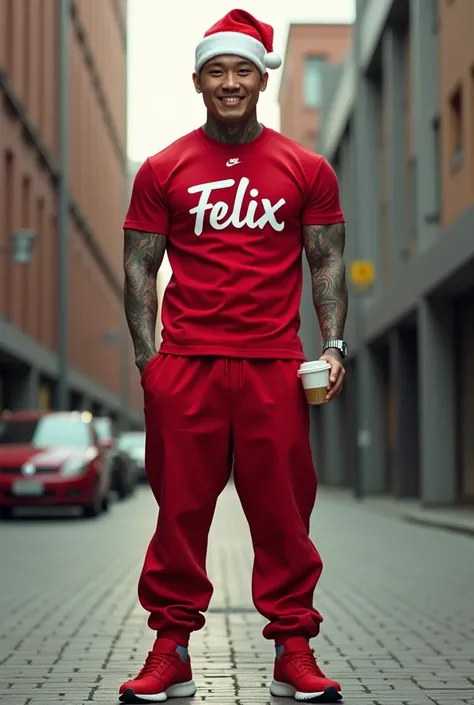  an asian guy ,badan full tatto,standing, wearing a red t-shirt with the words  "felix" ,bawahan celana Jogger merah, wearing red Nike shoes , wearing a red and white Santa Claus dome,holding a glass of coffee ,  smiling in front of the camera , looks real...